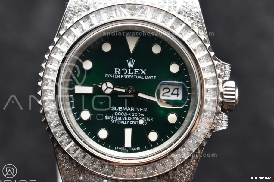 Diamonds on Bracelet VR Submariner Green SS Edition Full 1150 Dial on Minimalist Best AMGF 40mm 0426